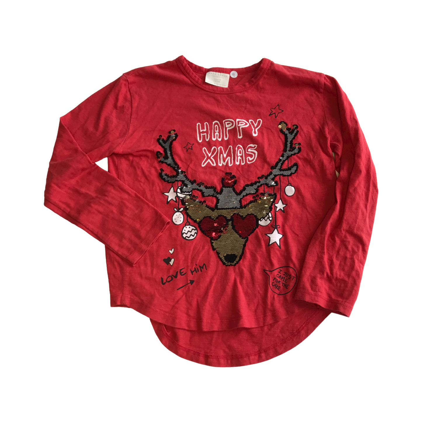 Zara Red Sequin Reindeer Christmas T-shirt Age 9