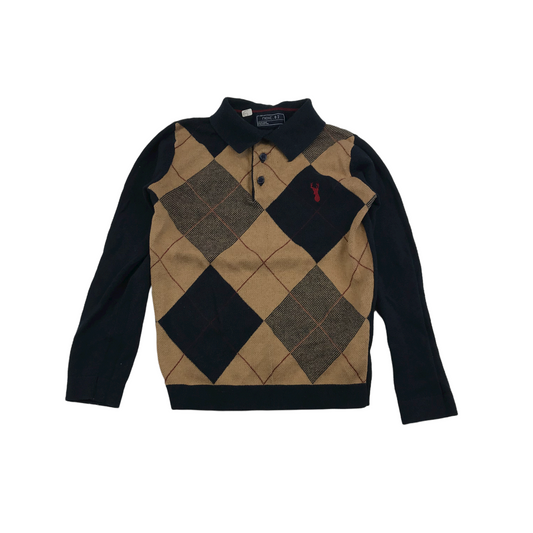 Next Brown and Navy Long Sleeve Checked Polo Shirt Age 6
