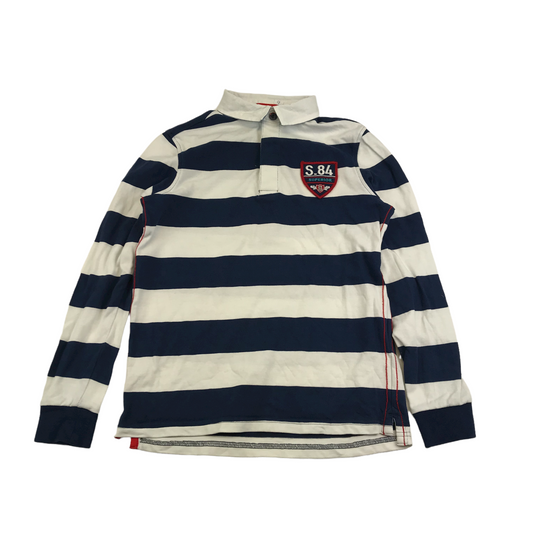M&S Navy and White Stripy Long Sleeve Polo Shirt Age 9