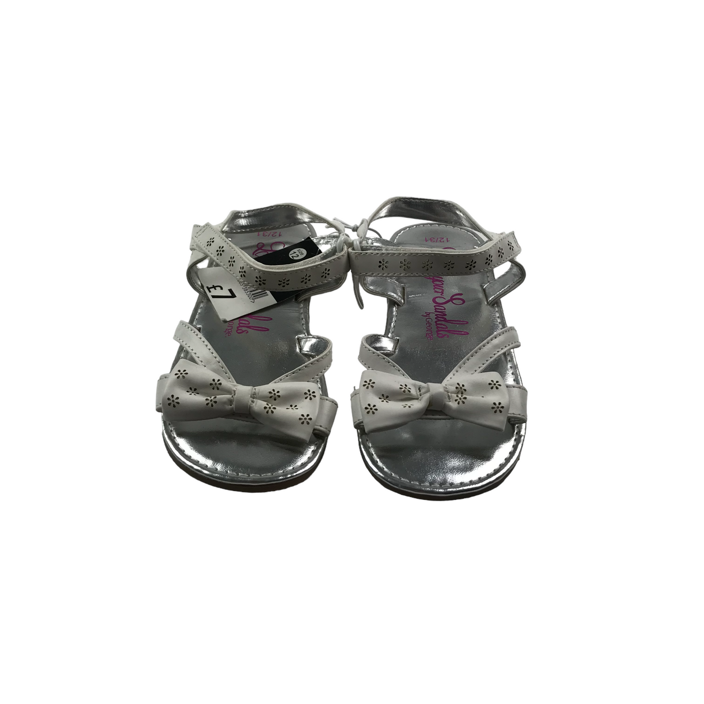 George White and Silver Bow Tie Detailed Sandals Shoe Size 12 junior