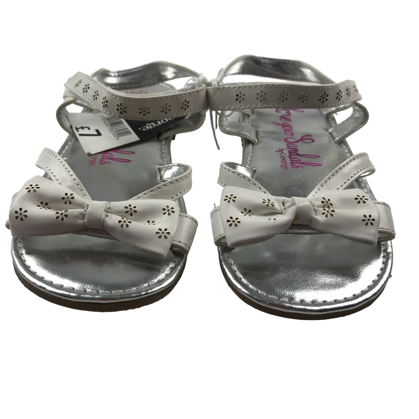 George White and Silver Bow Tie Detailed Sandals Shoe Size 12 junior