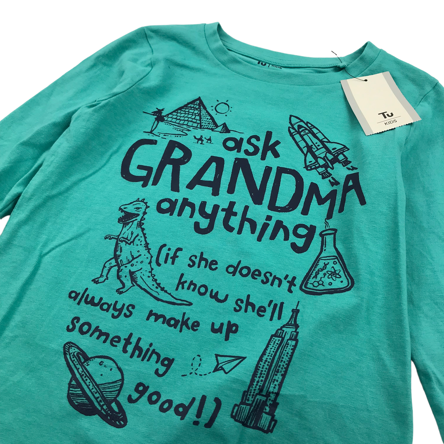 Tu Blueish Green Ask Grandma Anything Print T-shirt Age 5