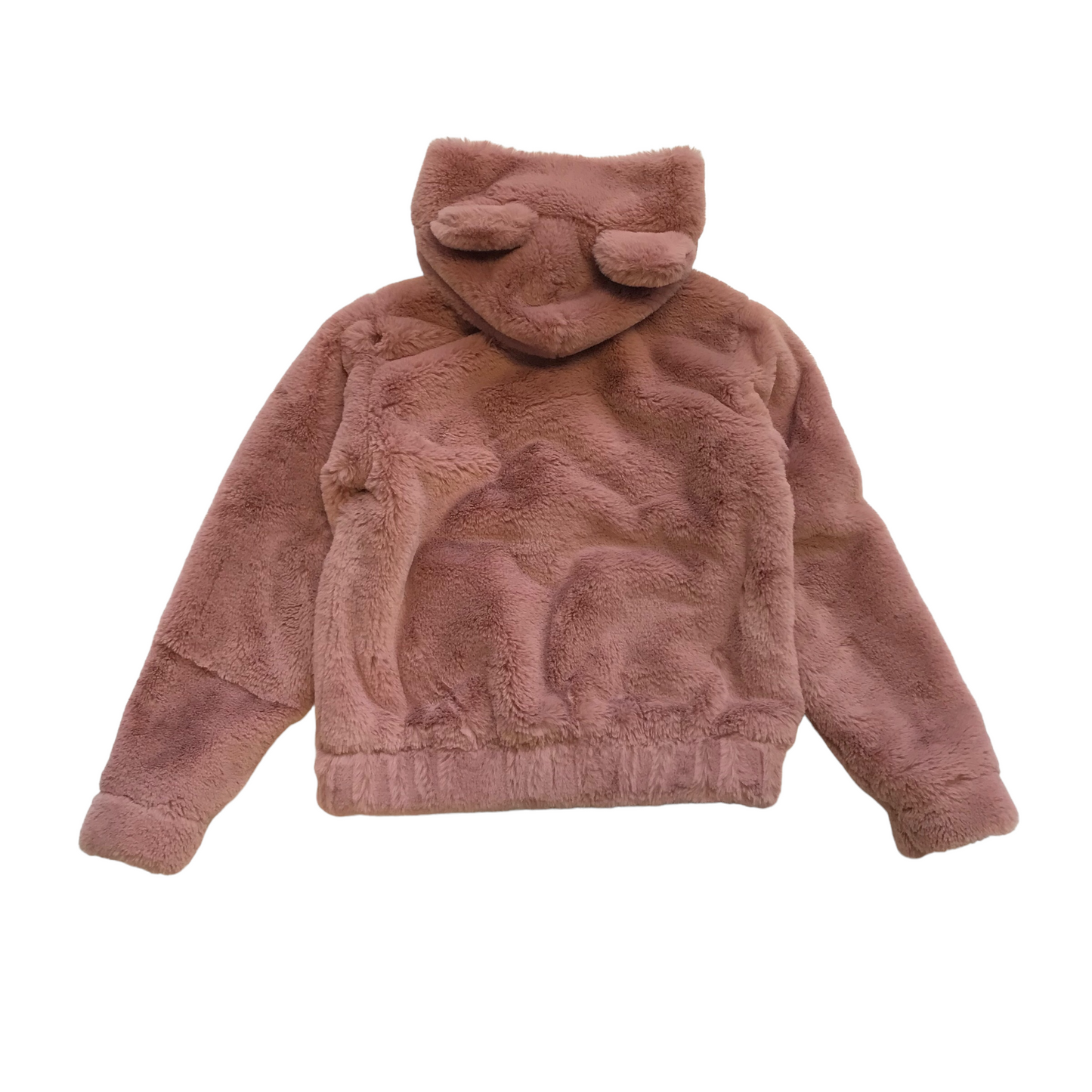 H&M Vintage Pink Faux Fur Teddy Ears Bomber Hoodie Jacket Age 11
