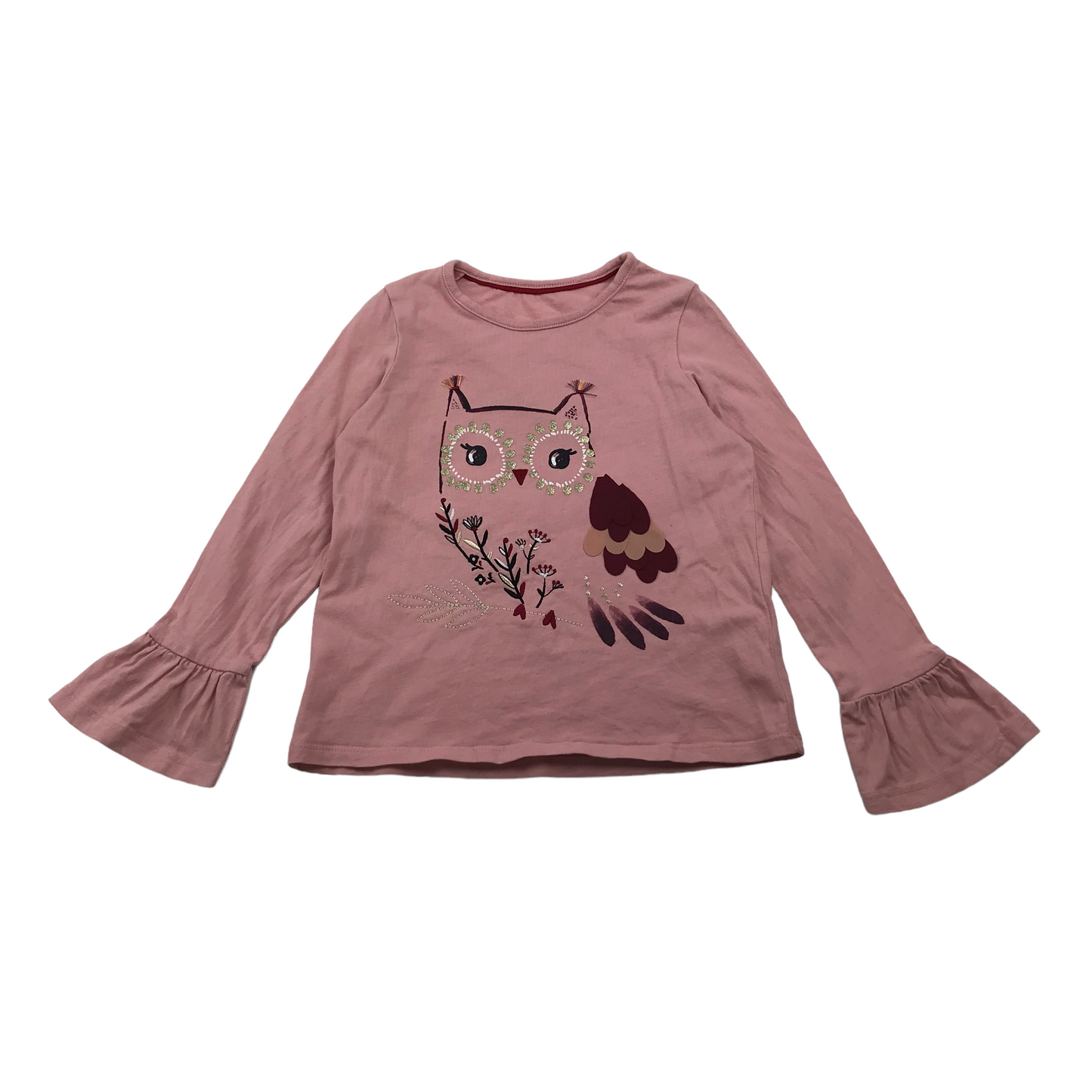 M&S Pink Frilled Sleeve Owl T-shirt Age 5