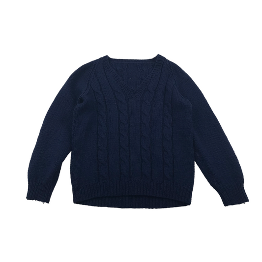 Hand Knitted Navy Blue V-neck Jumper Age 7-8