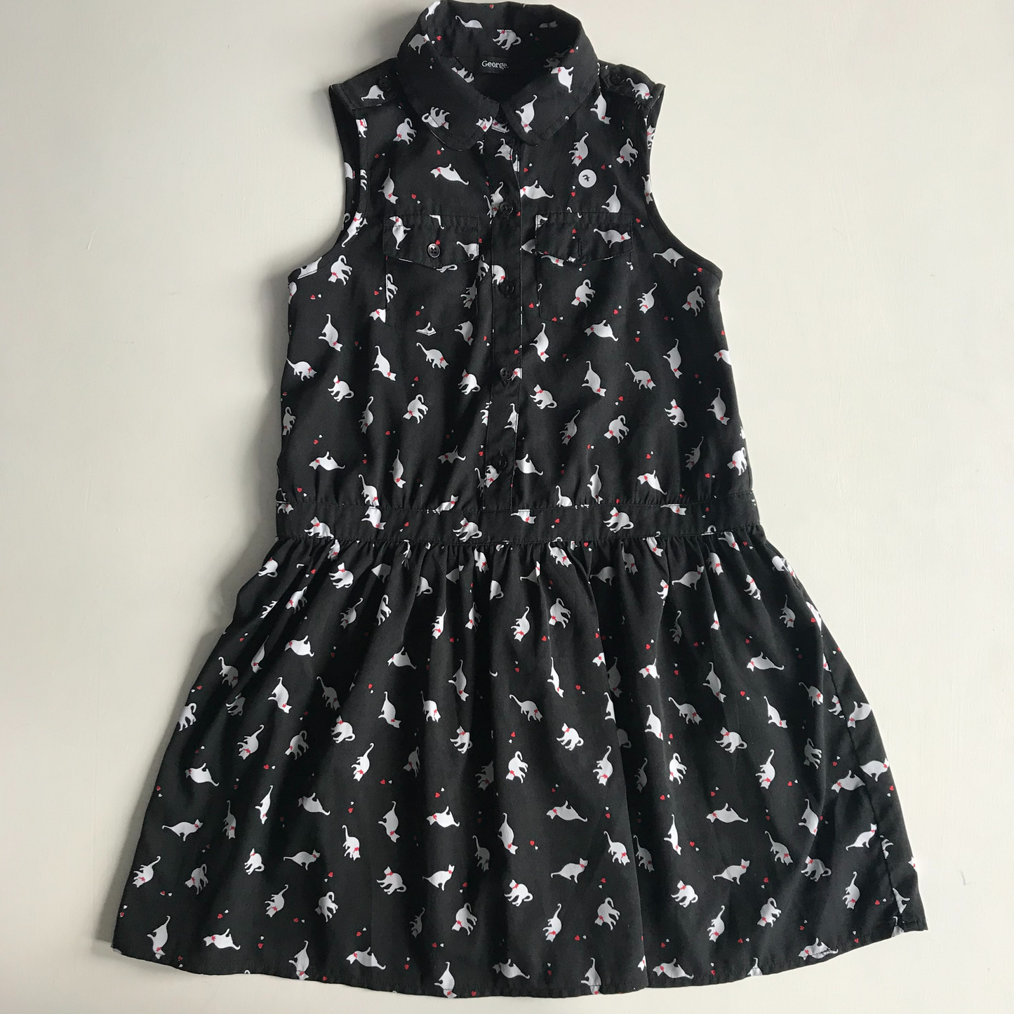 Dress - Black with Cat Pattern - Age 7