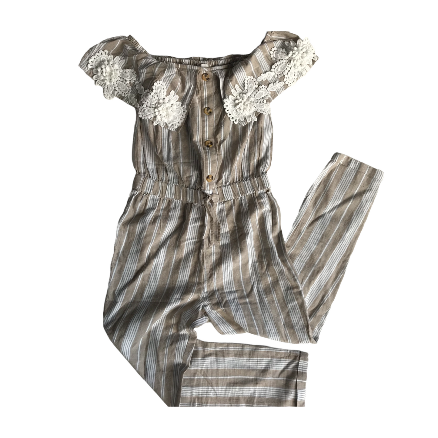 Jumpsuit - Stripy with Lace Frill Neckline - Age 10